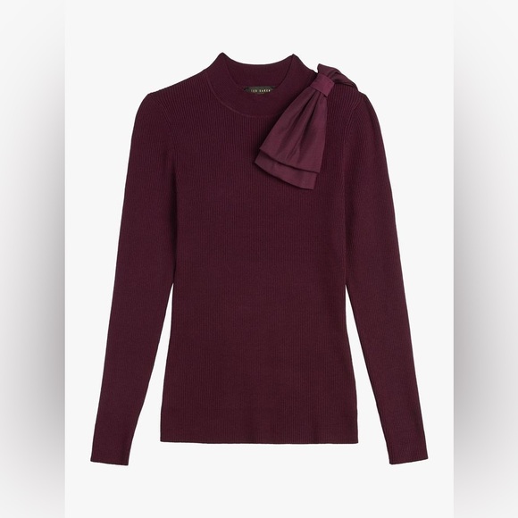 Ted Baker Tops - Ted Baker Plum Ribbed Mock Neck Sweater with Shoulder Bow